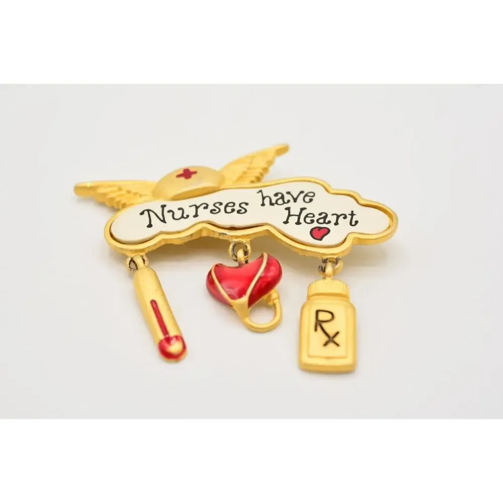 Tara Vintage Nurse Pin Brooch Gold Charms Nurses Have Heart Angel Signed BinAL